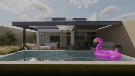 Render de jardín con alberca en casa