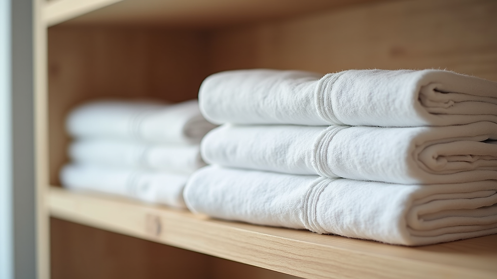 Close-up view of folded white hotel linens on a wooden shelf