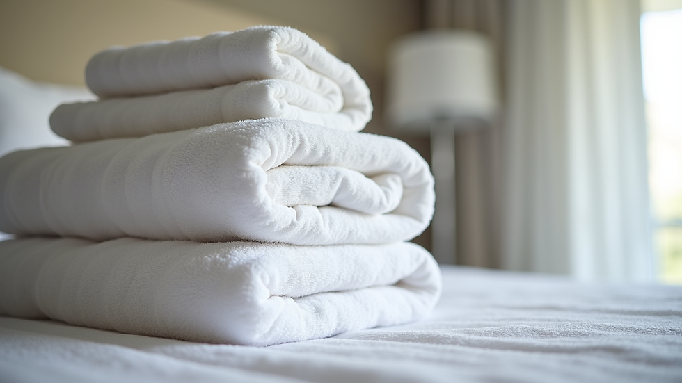 Close-up view of folded white hotel towels stacked neatly