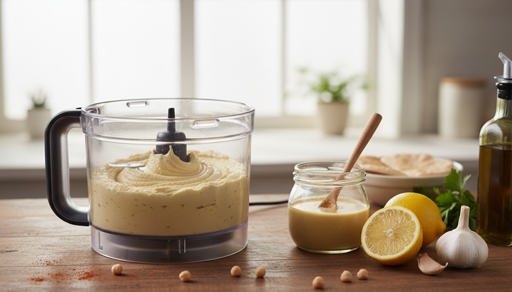 Eye-level view of hummus being blended in a food processor.