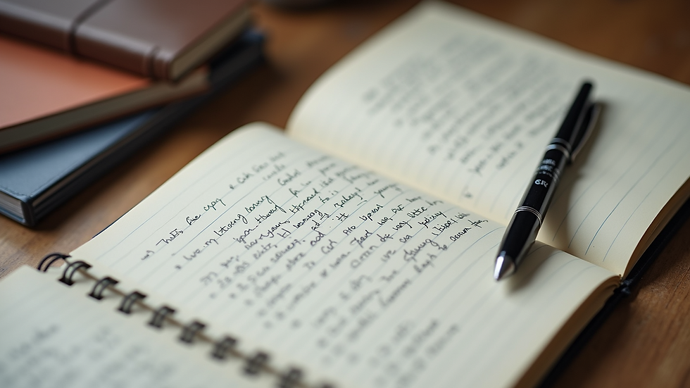 High angle view of a notebook with handwritten dissertation notes and a pen