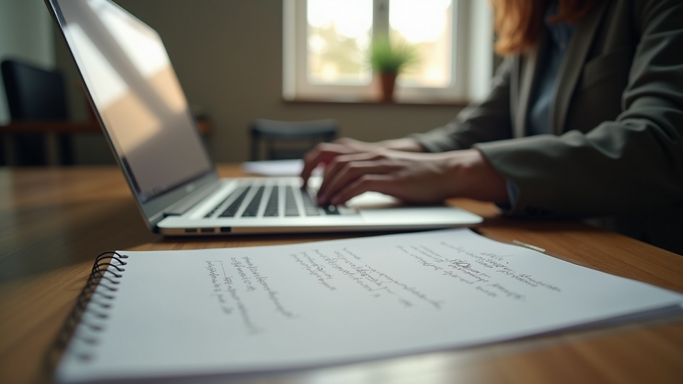 Eye-level view of a desk with a laptop and dissertation notes