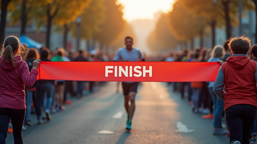 High angle view of a finish line banner at a community running event