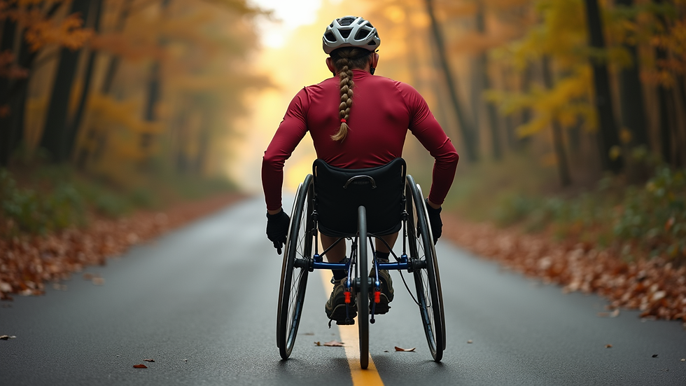 Eye-level view of a wheelchair racer on a Connecticut trail