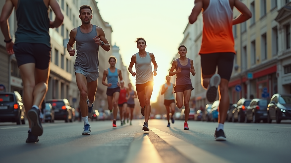 Eye-level view of a diverse group of runners warming up on a city street