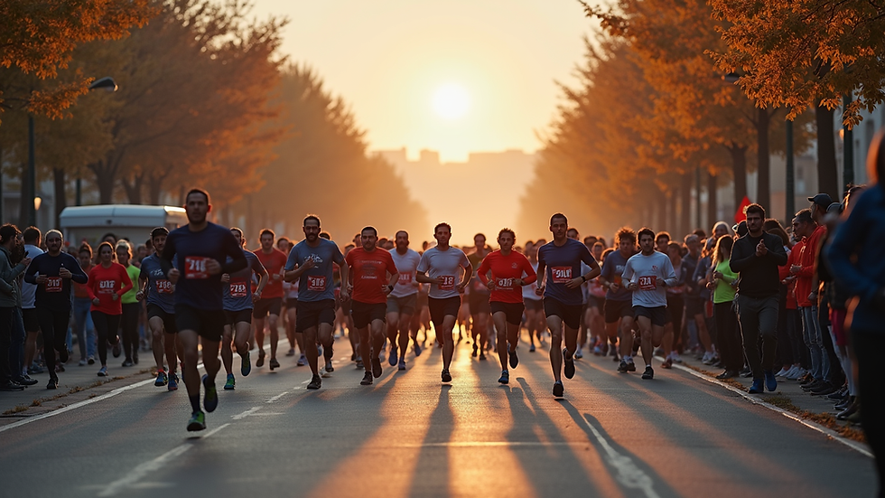 High angle view of a group of runners and volunteers at a race starting line