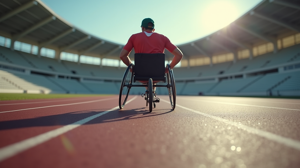 Eye-level view of a racing wheelchair on a paved track
