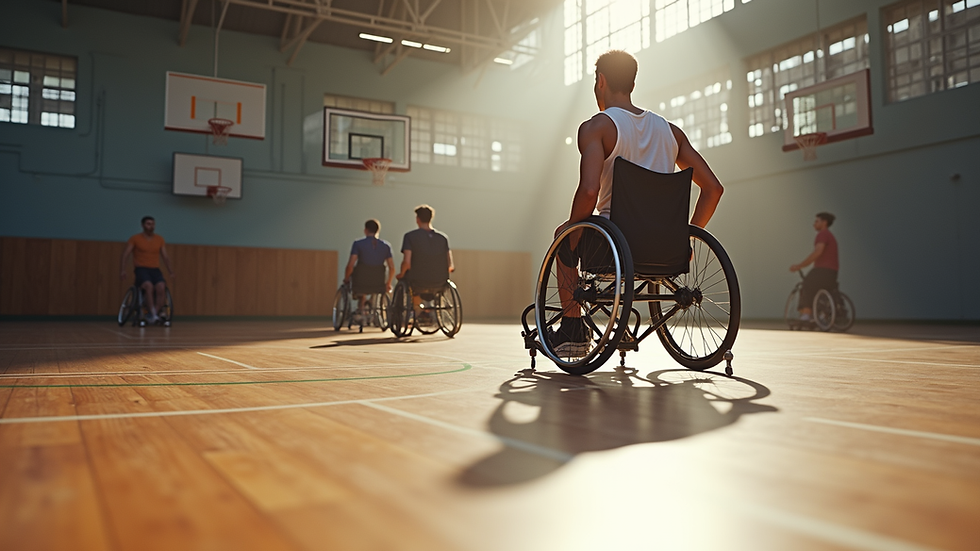 Eye-level view of a wheelchair basketball court with players in action