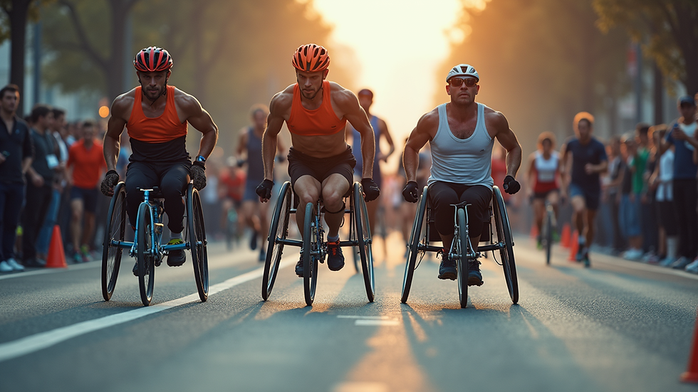 High angle view of runners and wheelchair athletes starting a race
