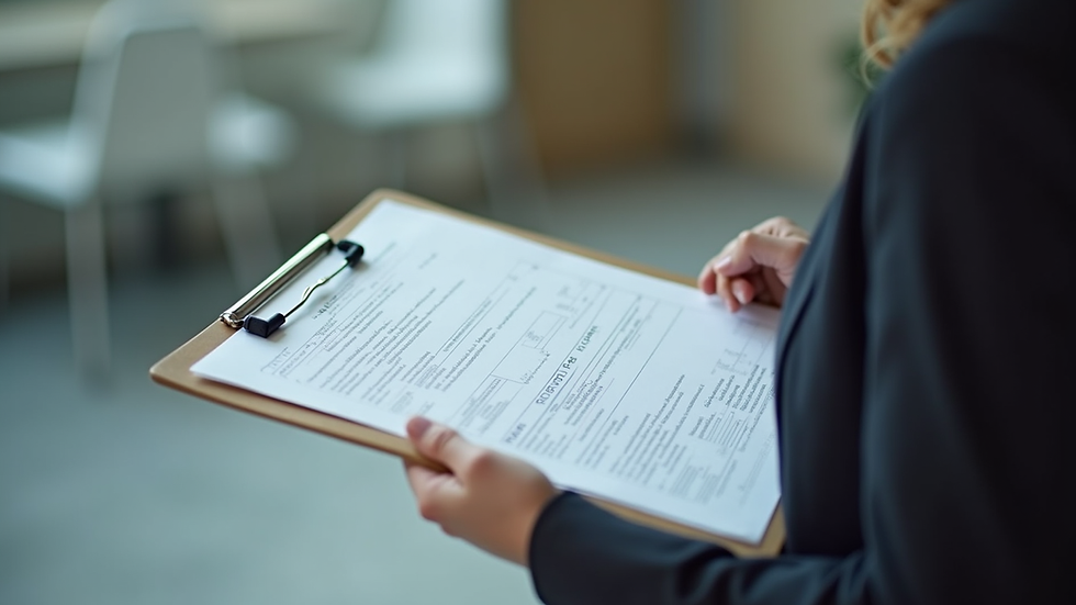 Close-up view of a person holding a clipboard with educational documents