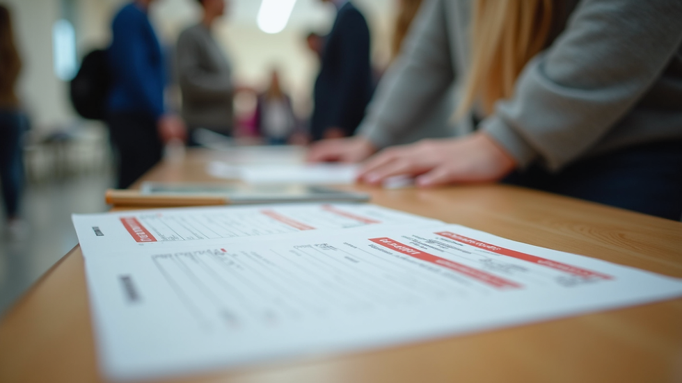 Close-up view of a volunteer registration table with sign-up sheets and badges