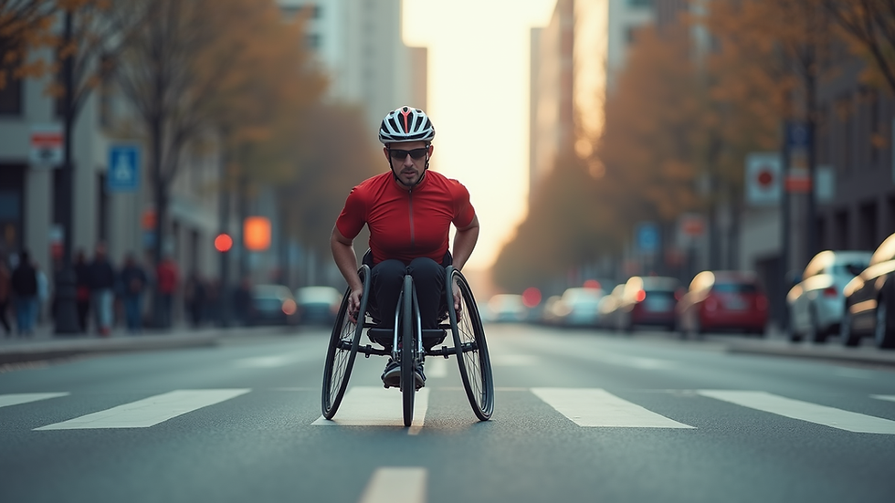 Eye-level view of a wheelchair athlete racing on a city street