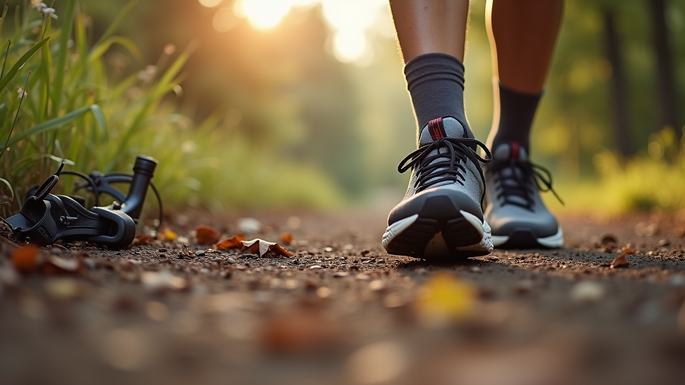 Close-up view of running shoes on a trail with adaptive running gear nearby