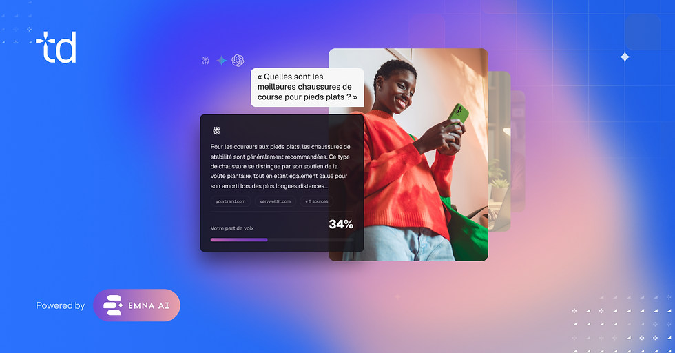 Smiling woman in red sweater uses a green phone; AI-style overlay shows Best running shoes for flat feet? and 34% share of voice