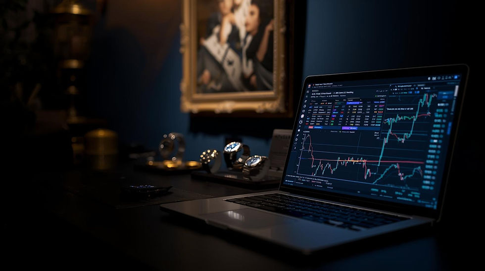 A dark table with a laptop on it showing crypto trading charts, watches and art in the background