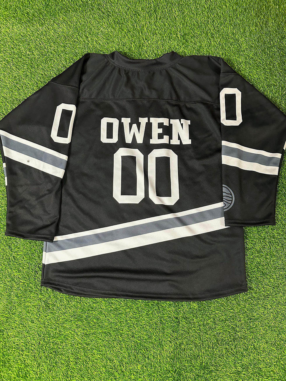 Thumbnail: The back of a hockey jersey for the Mighty Pucks, a team in the local rec league in Big Sky, Montana. Customize your jerseys with colors, names, logos, fabrics and much more!