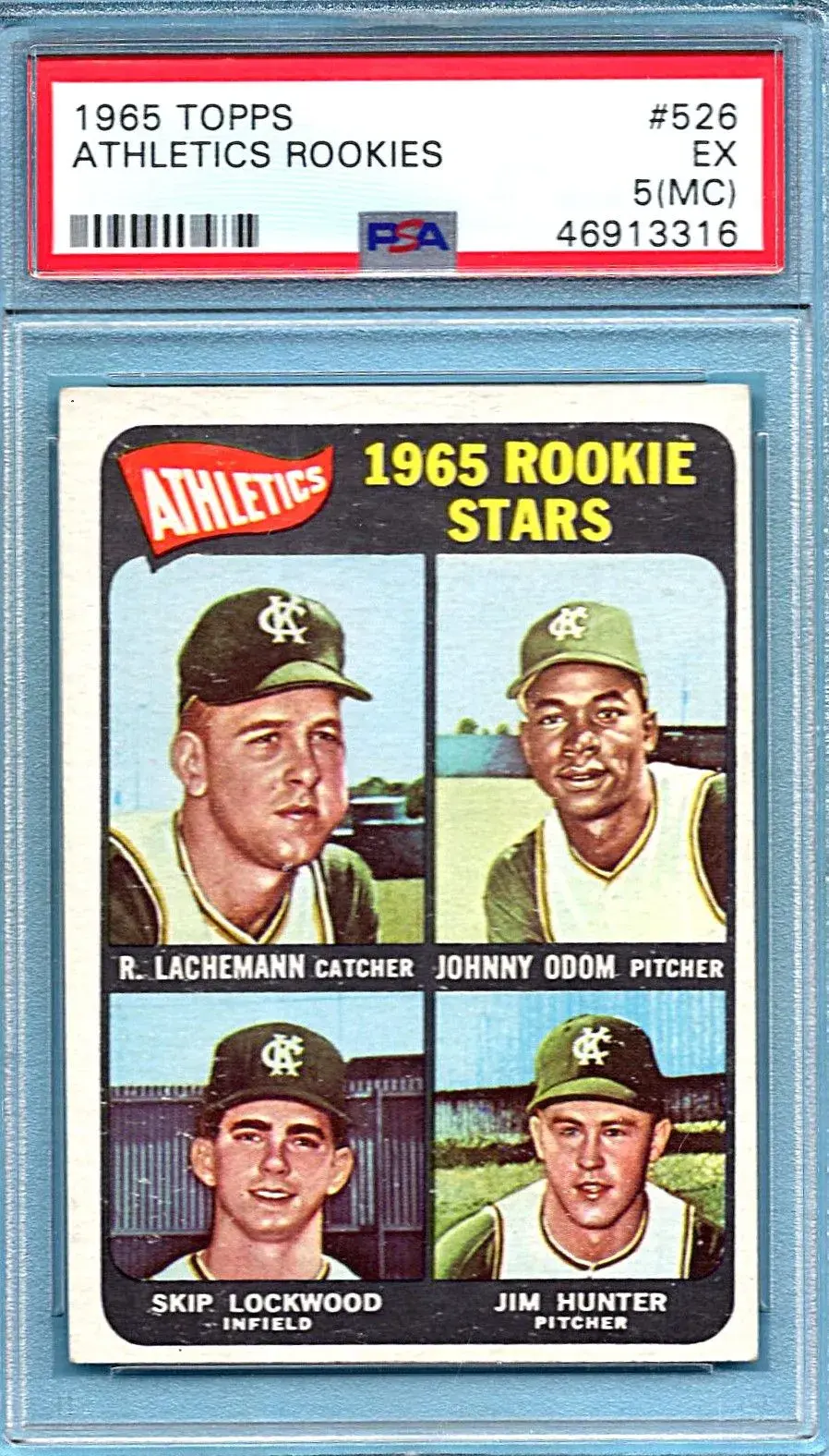 1965 Topps #526 Athletics Rookies Renae Lachemann John Odom Skip Lockwood Jim Hunter PSA 5MC SP High Number