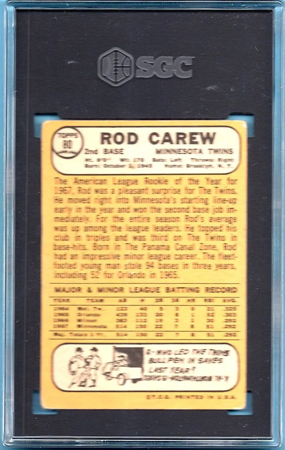 1968 Topps #80 Rod Carew SGC 2 Rookie Cup Minnesota Twins