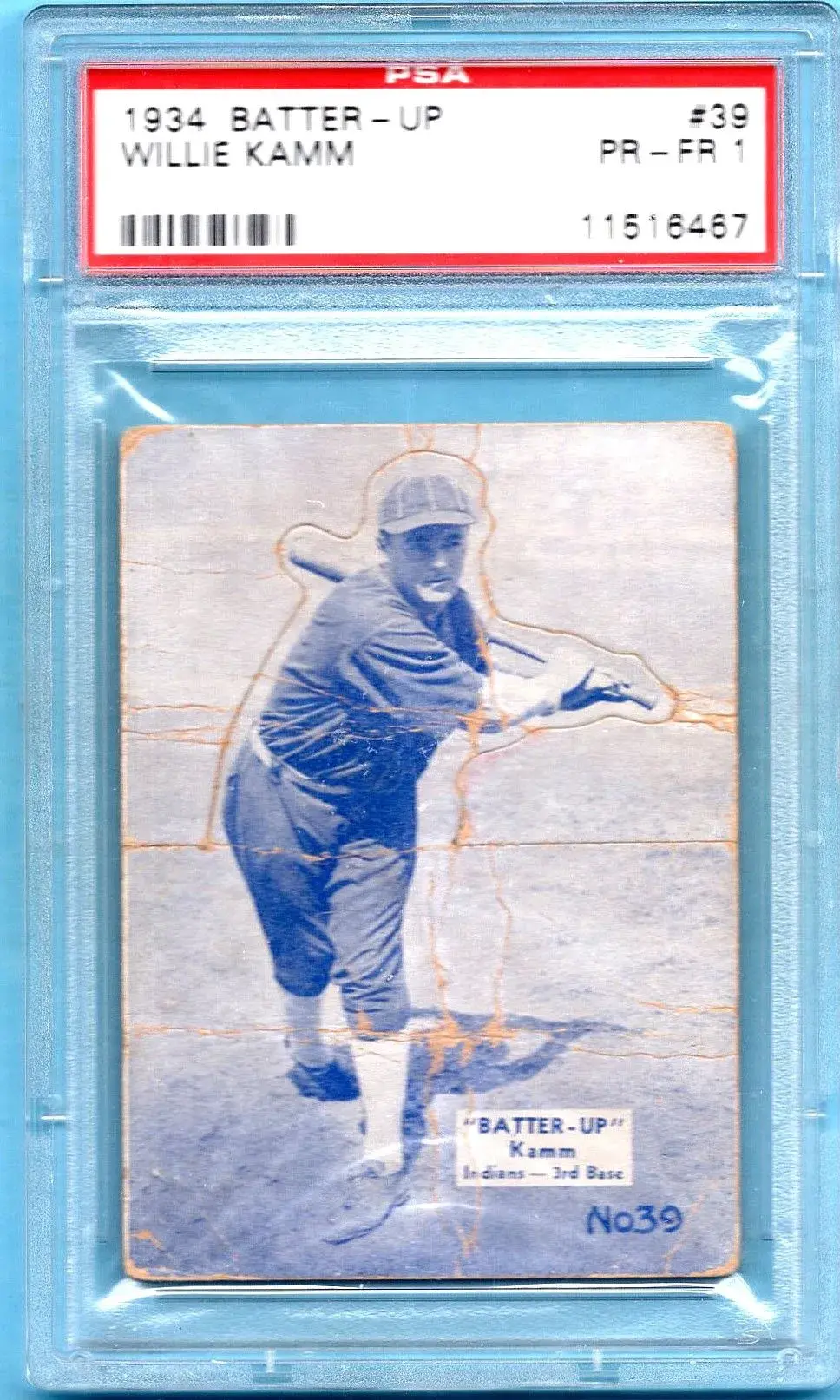1934 NATIONAL CHICLE BATTER-UP #39 Willie Kamm PSA 1 Blue Tint