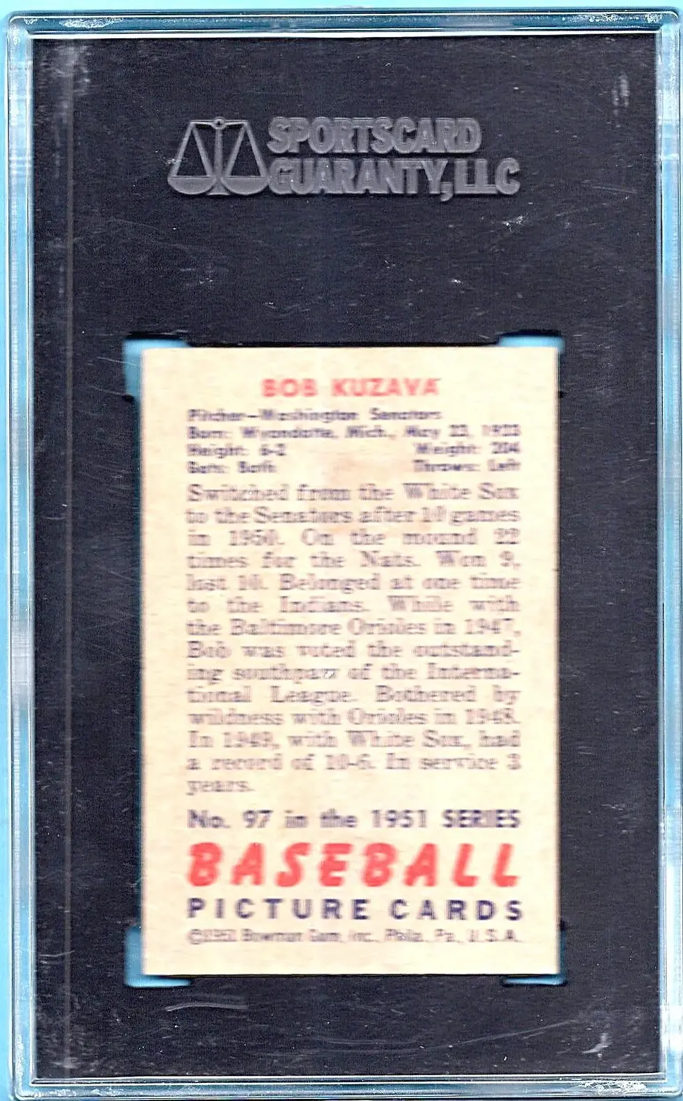 1951 Bowman #97 Bob Kuzava SGC 5.5 Washington Senators