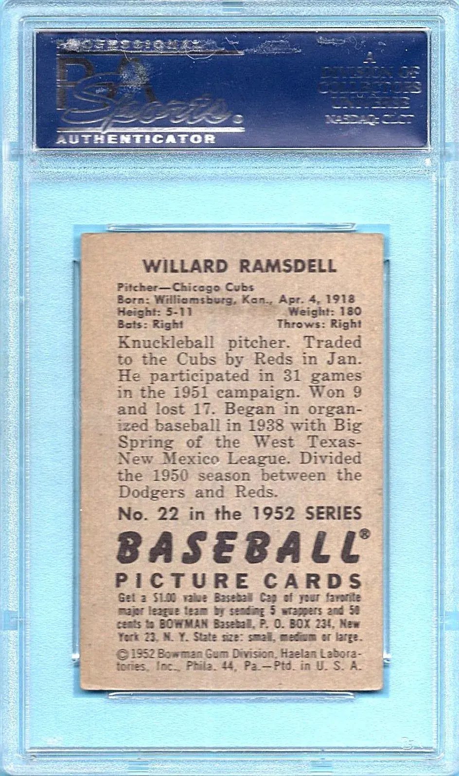1952 Bowman #22 Willard Ramsdell PSA 4 Chicago Cubs