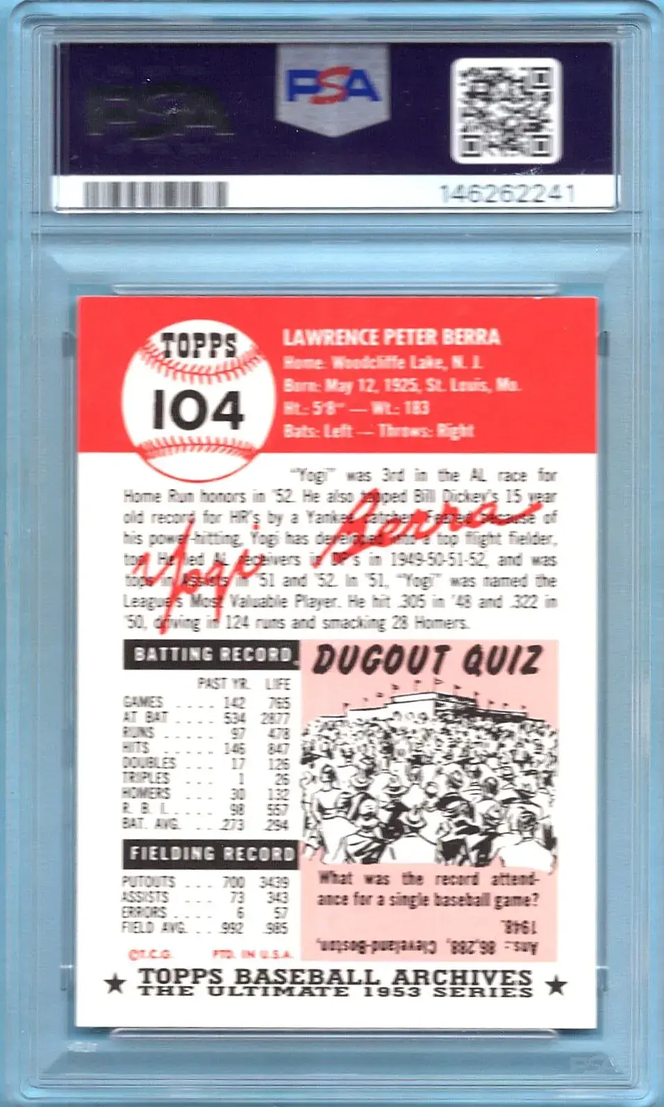 1991 Topps Archives 1953 #104 Yogi Berra PSA 9