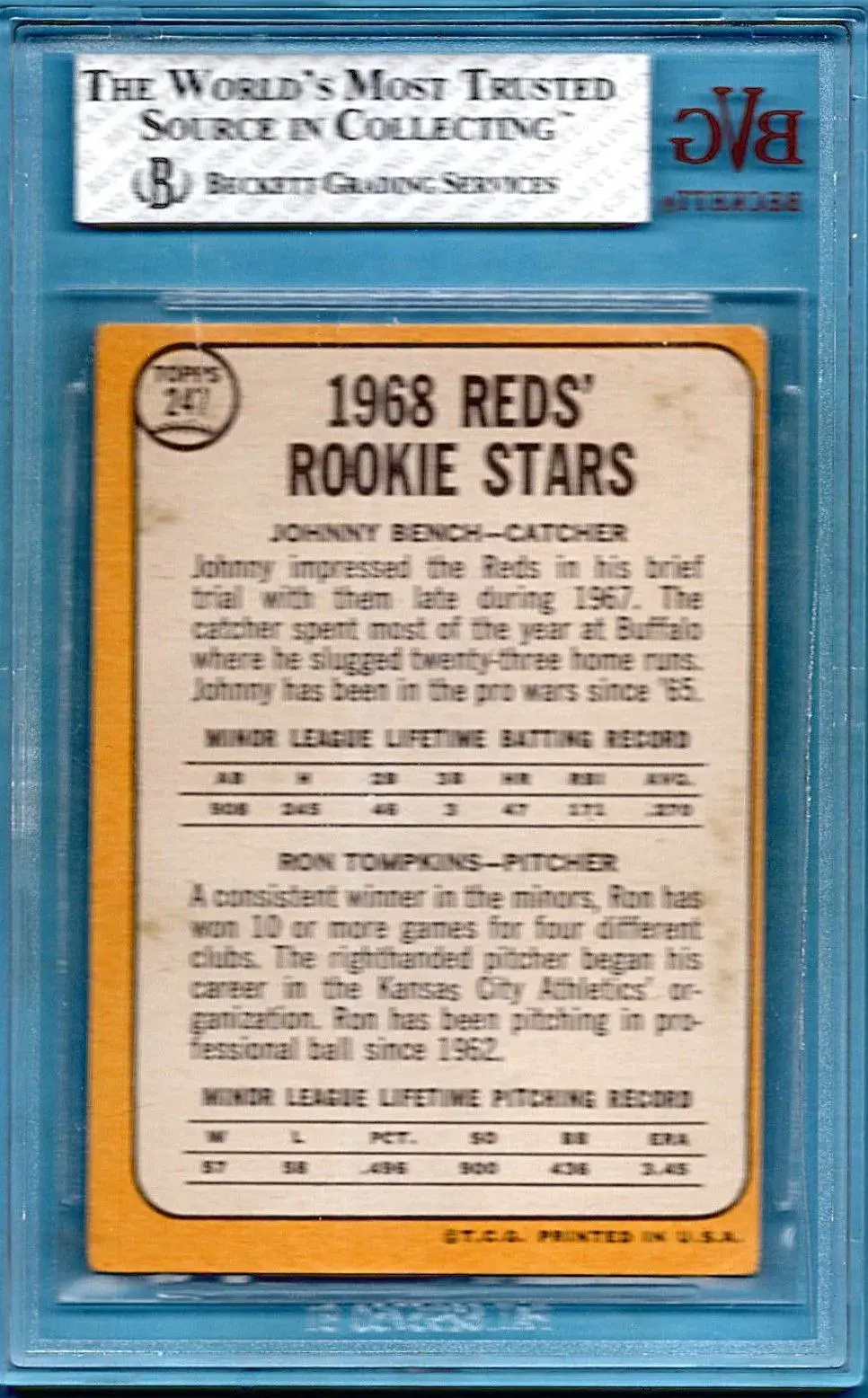 1968 Topps #247 Johnny Bench Ron Tomkins Rookie BVG 4 Cincinnati Reds