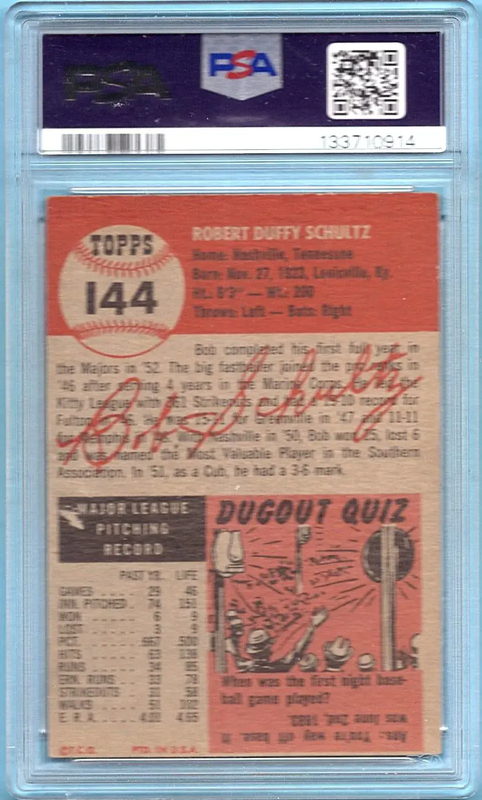1953 Topps #144 Bob Schultz PSA 4 Chicago Cubs