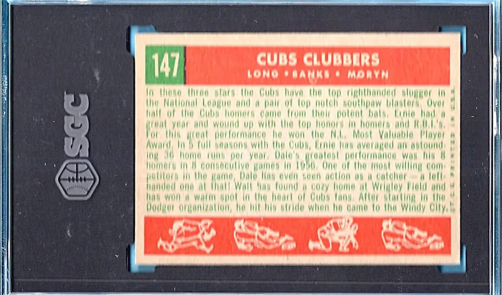 1959 Topps # 147 Cubs' Clubbers Dale Long Ernie Banks Walt Moryn SGC 6.5 Chicago Cubs