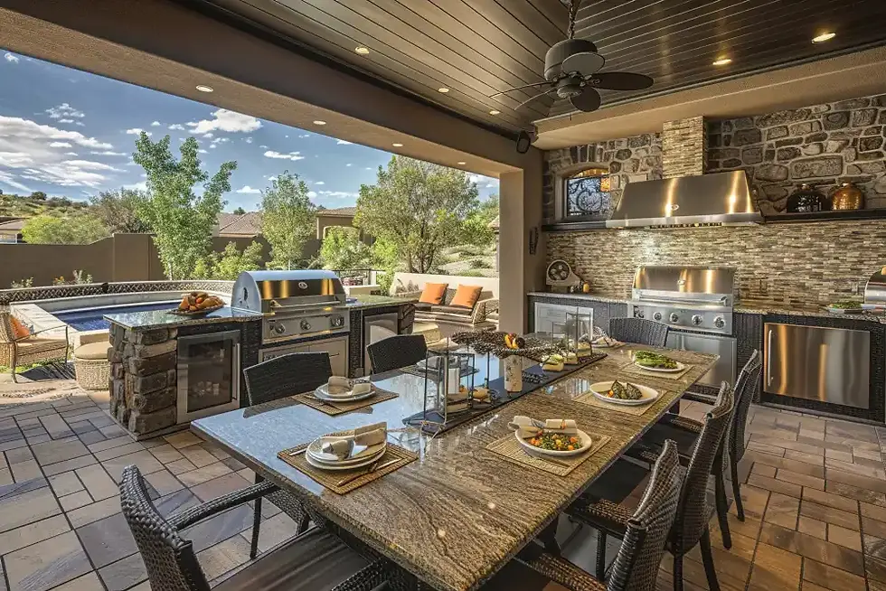 A spacious covered outdoor kitchen featuring stainless steel grill, granite outdoor kitchen counter, built‑in fridge, outdoor kitchen cabinets, and a dining table—all expertly installed by top outdoor kitchen contractors.