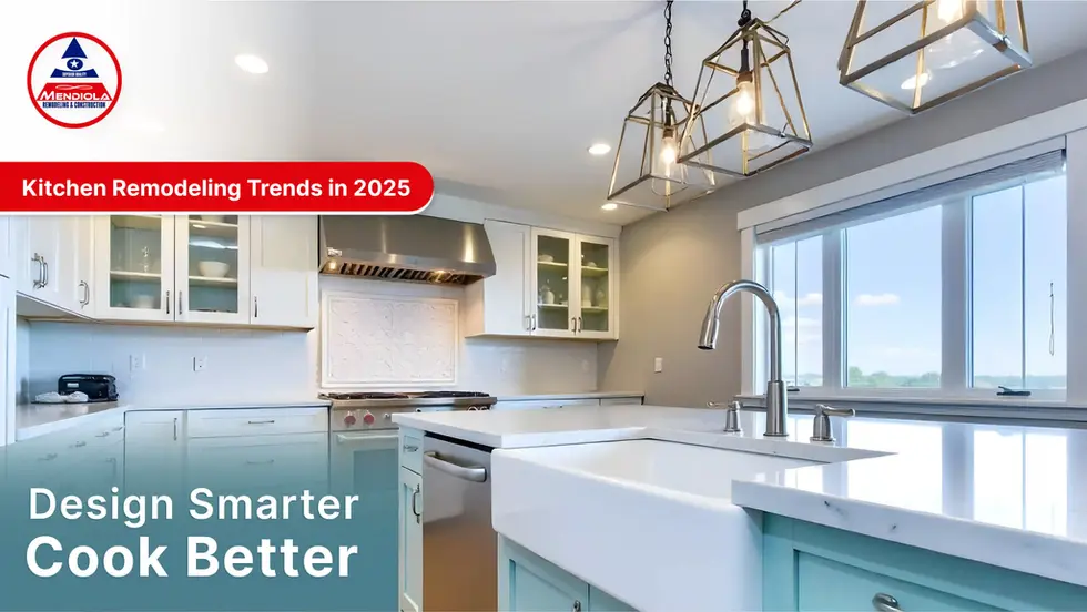 Modern kitchen with large windows, stylish pendant lights, and farmhouse sink, featuring text 'Kitchen Remodeling Trends in 2025' and 'Design Smarter, Cook Better' with Mendiola Remodeling & Construction logo.