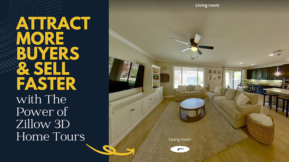 Modern living room with beige sofas, TV, ceiling fan, and kitchen view. Text: "Attract more buyers & sell faster with Zillow 3D Home Tours."