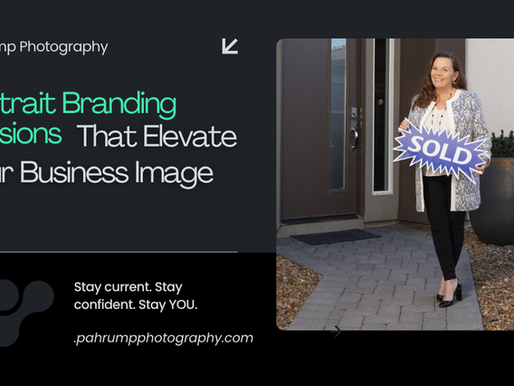 Woman smiling, holding "SOLD" sign outside a door. Text: Portrait Branding Sessions That Elevate Your Business Image. Mood: Professional.