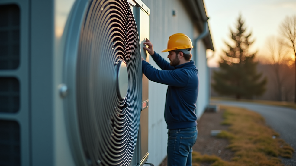 Eye-level view of a technician inspecting an air conditioning unit outdoors