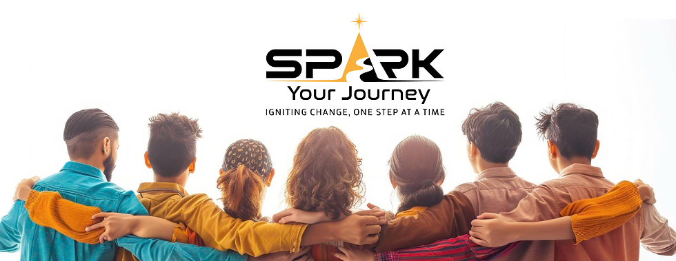 Seven people with arms around each other, facing away. Text above reads: SPARK Your Journey. Igniting change, one step at a time.