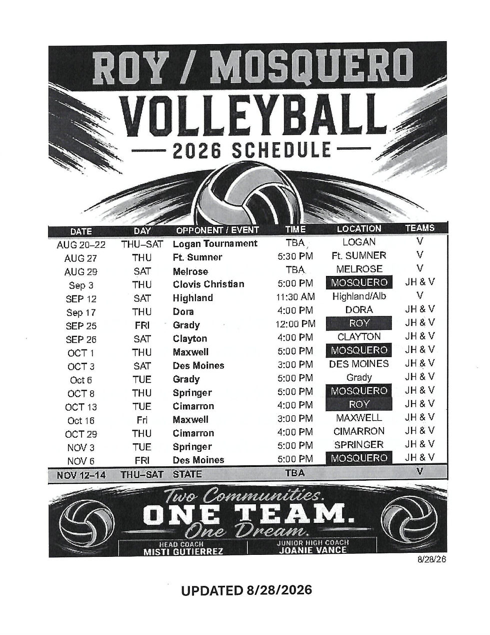 26 Volleyball Schedule