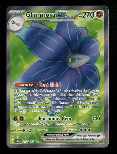 213 197 pokemon card 2023 Glimmora ex 213/197 Obsidian Flames Full Art Ultra Rare your opponent takes 2 Prize cards. Pokemon Trading Card Game 213/197