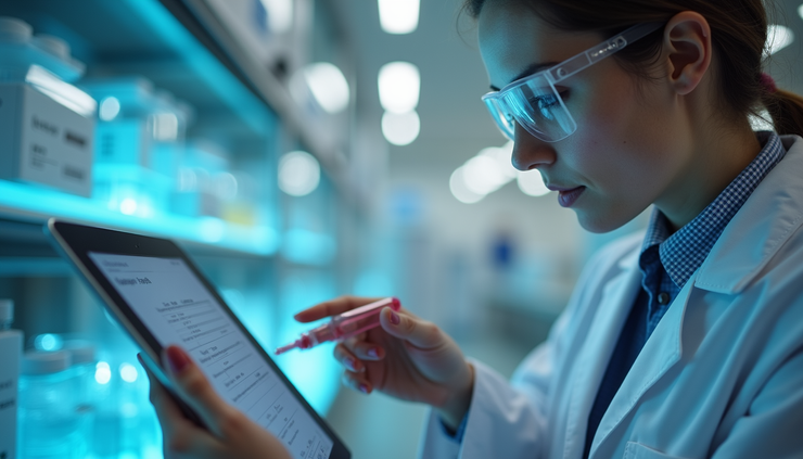 Eye-level view of a laboratory scientist reviewing data on a digital tablet in a pharmaceutical research lab