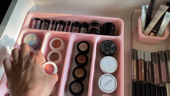 Montage of woman organizing makeup