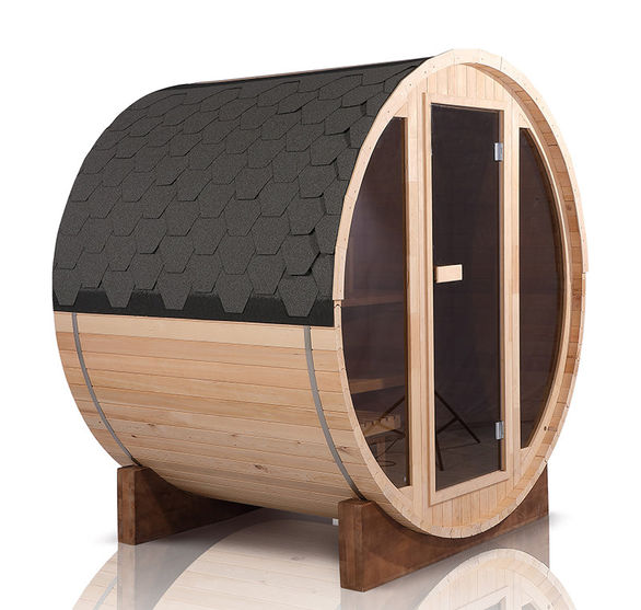 Barrel Sauna with glass wall
Side view, brown tinted tempered glass wall
