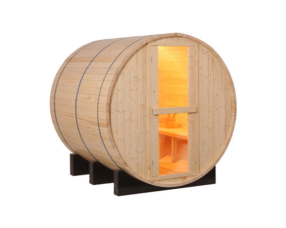 Pine Barrel Sauna Front to left view without porch and without shingled roof