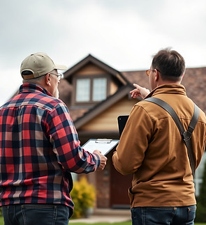 homeowner talking to roofer holding clipboard no handshake pointing at roof. both looking