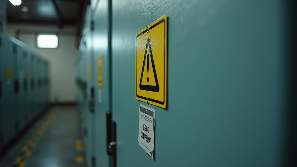 Eye-level view of electrical panel with warning signs
