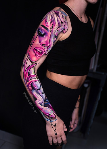 color sleeve tattoo design - female portrait and snakes 
