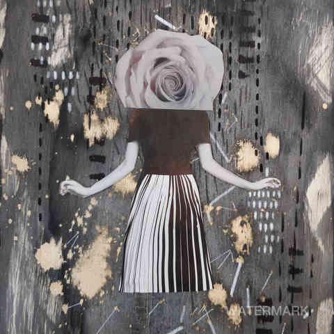 surrealism, women, rose head, black and white dress, gold, splatter