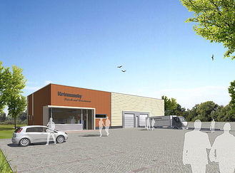 Computergenerierte Ansicht des geplanten Neubaus von Krismansky Wurstwaren mit Haupteingang und Anlieferungstoren.
