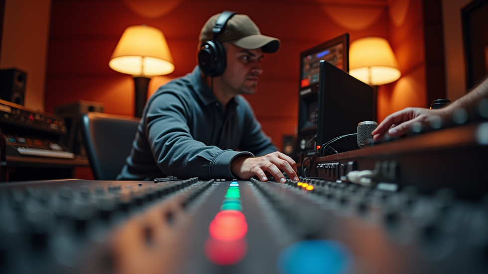 Eye-level view of sound engineer working in recording studio