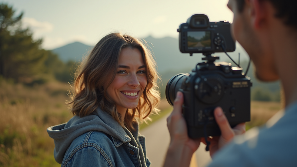 Eye-level view of a content creator filming a promotional video outdoors