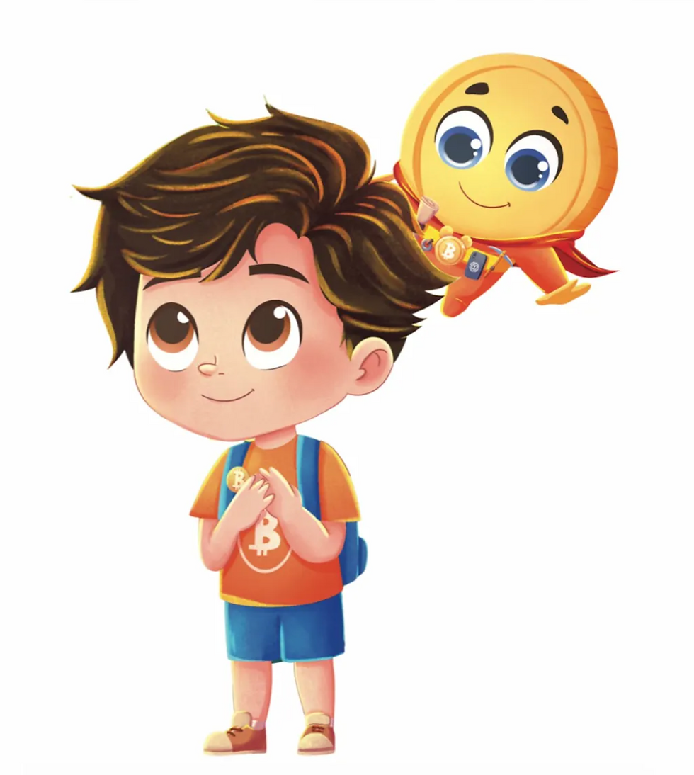 Adam and Bitcoin Man character illustration on white background
