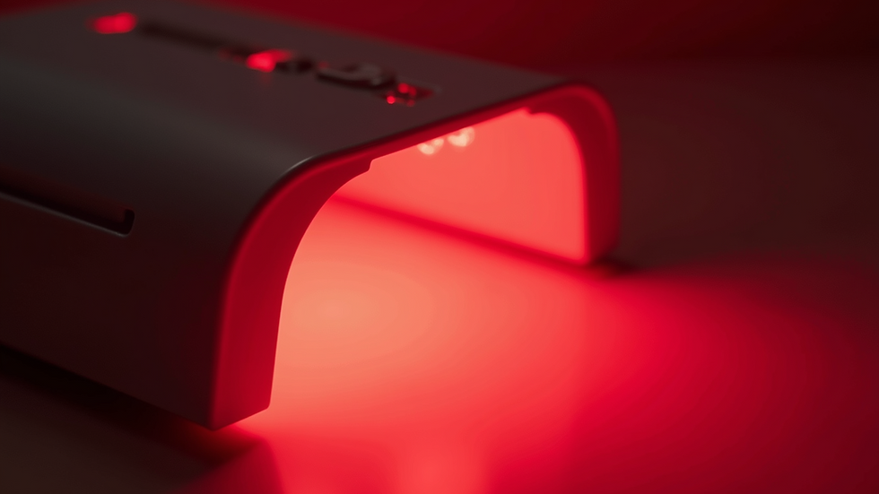Close-up view of red light therapy device emitting light